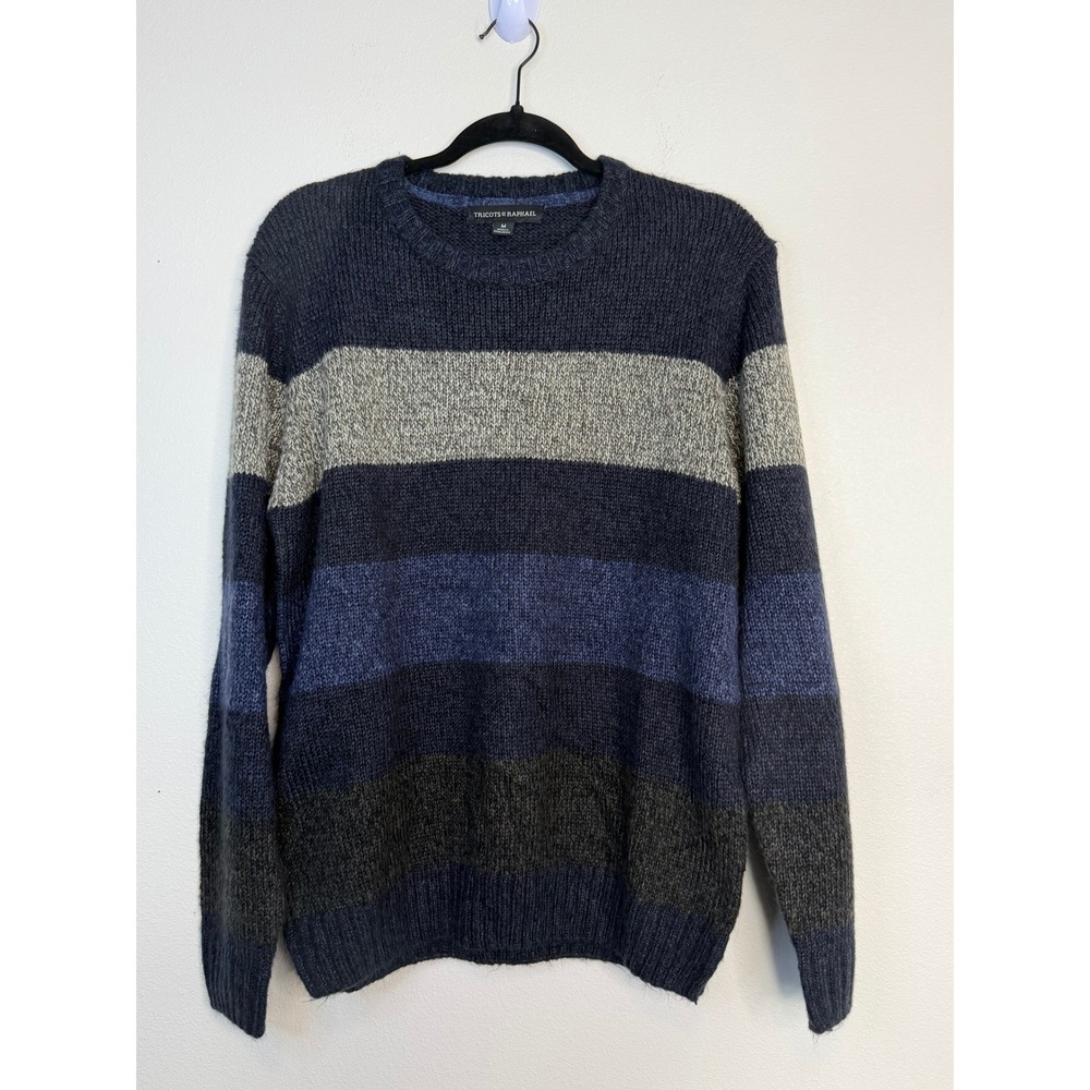Tricots St Raphael Men's Blue Grey Striped Crew Neck Knit‎ Acrylic Sweater M